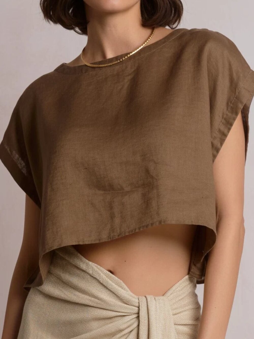 ELAN Brown Crop Tie Sides Top